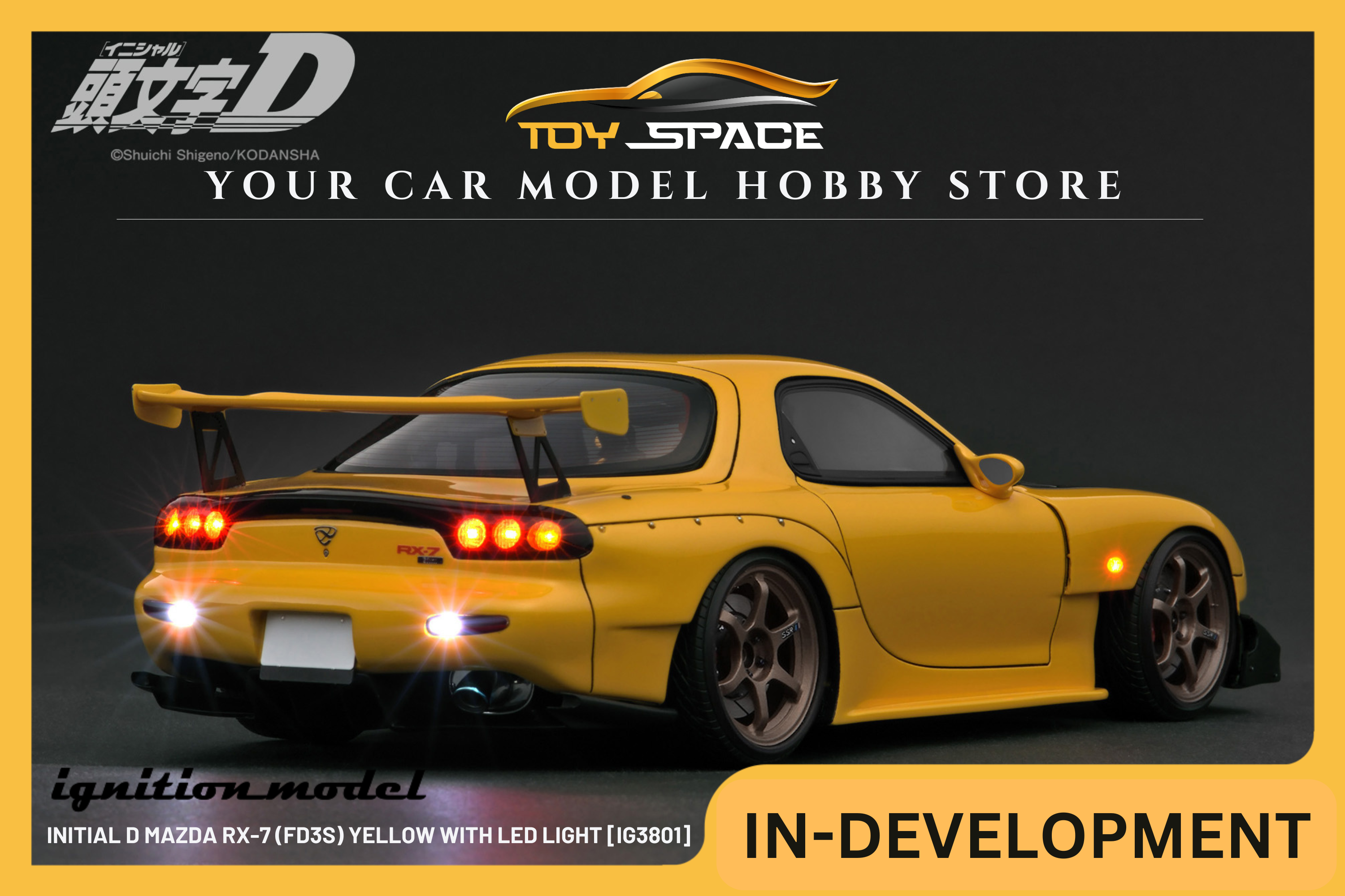 [IGNITION MODEL] 1:18 INITIAL D Mazda RX-7 (FD3S) Yellow With LED Light [IG3801]