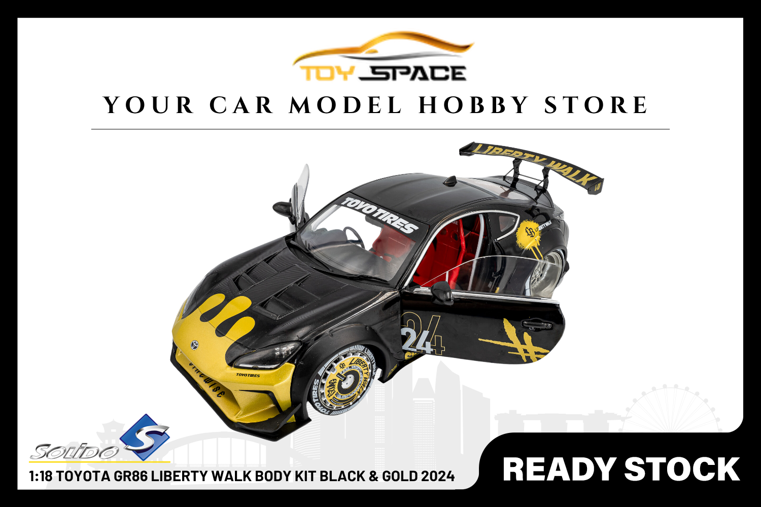 [SOLIDO] 1:18 Toyota GR86 Liberty Walk Body Kit Black & Gold 2024