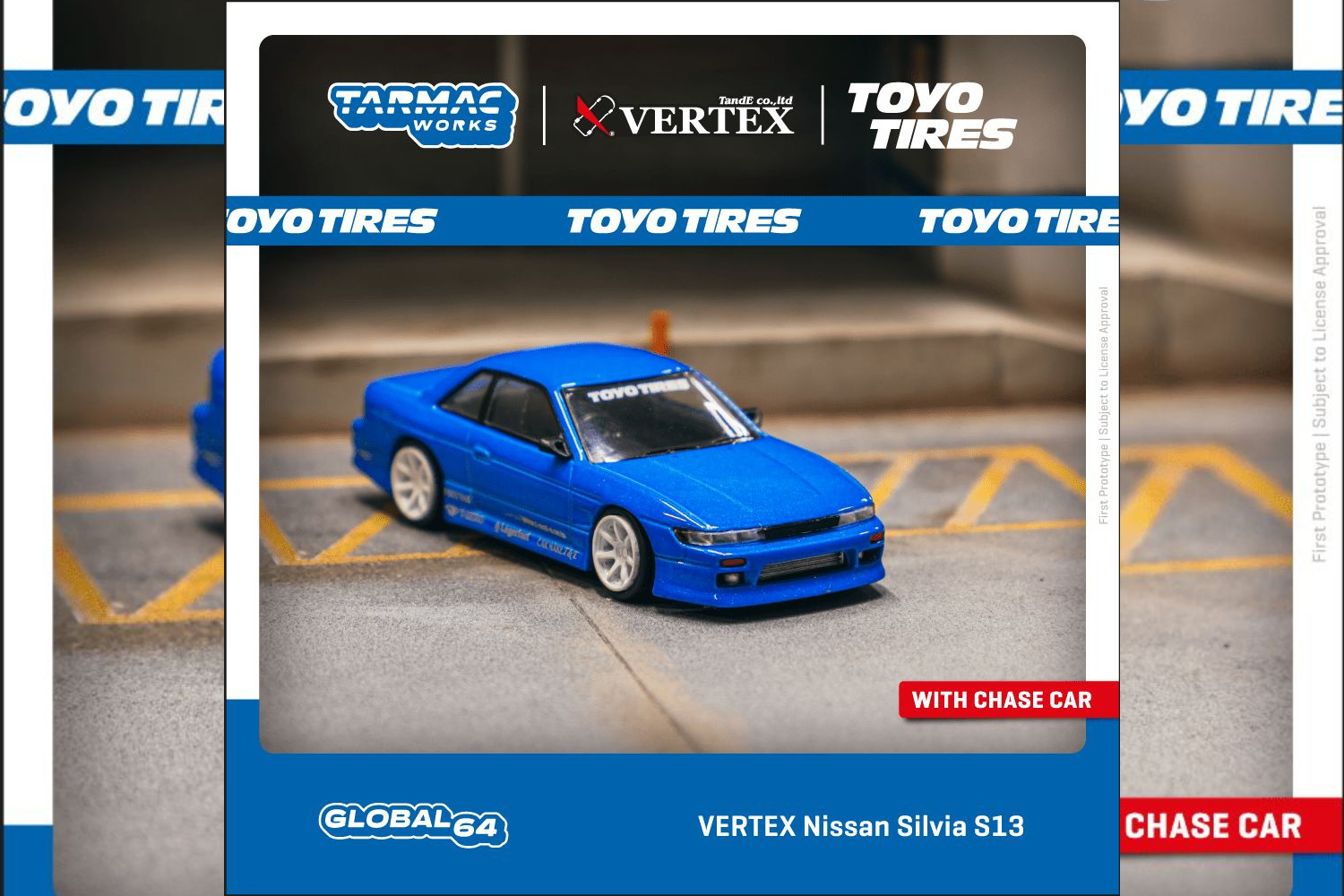 Tarmac Works 1/64 VERTEX Nissan Silvia S13 Blue Metallic Toyo Tires - GLOBAL64