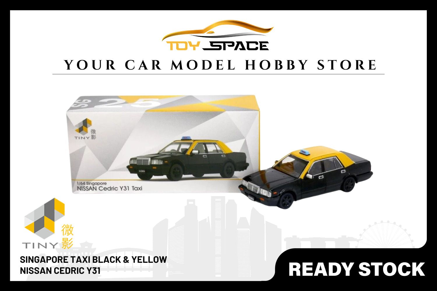 [TINY] SG25 Diecast - Singapore Nissan Cedric Y31 Taxi Black & Yellow