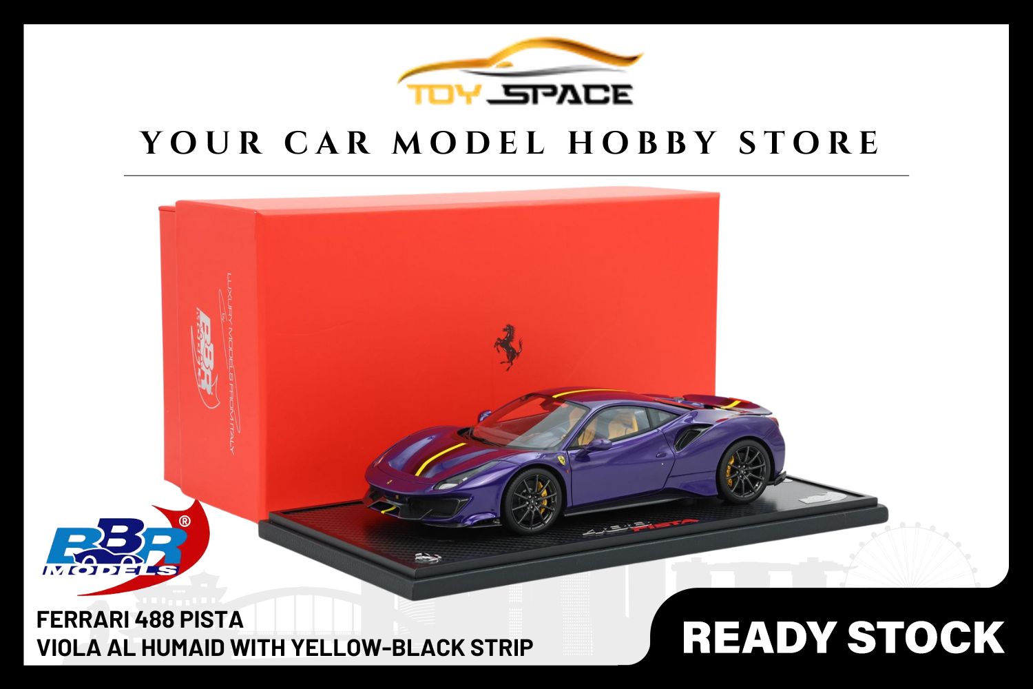 [BBR MODELS] 1:18 Ferrari 488 Pista - Viola Al Humaid With Yellow-Black Stripe