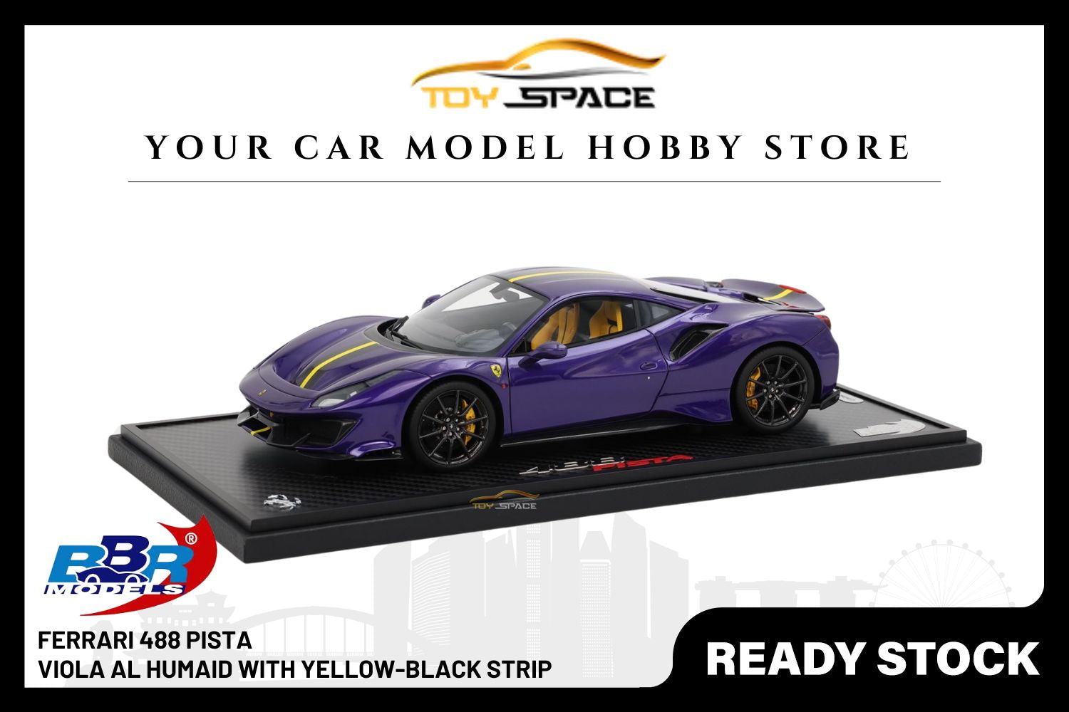 [BBR MODELS] 1:18 Ferrari 488 Pista - Viola Al Humaid With Yellow-Black Stripe
