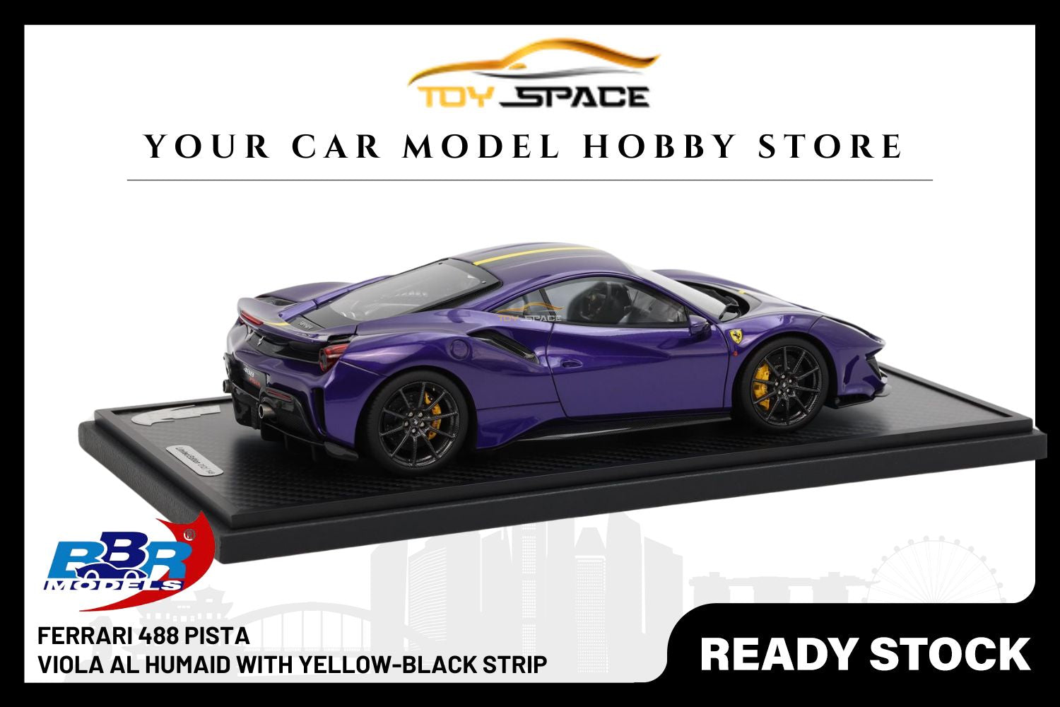 [BBR MODELS] 1:18 Ferrari 488 Pista - Viola Al Humaid With Yellow-Black Stripe