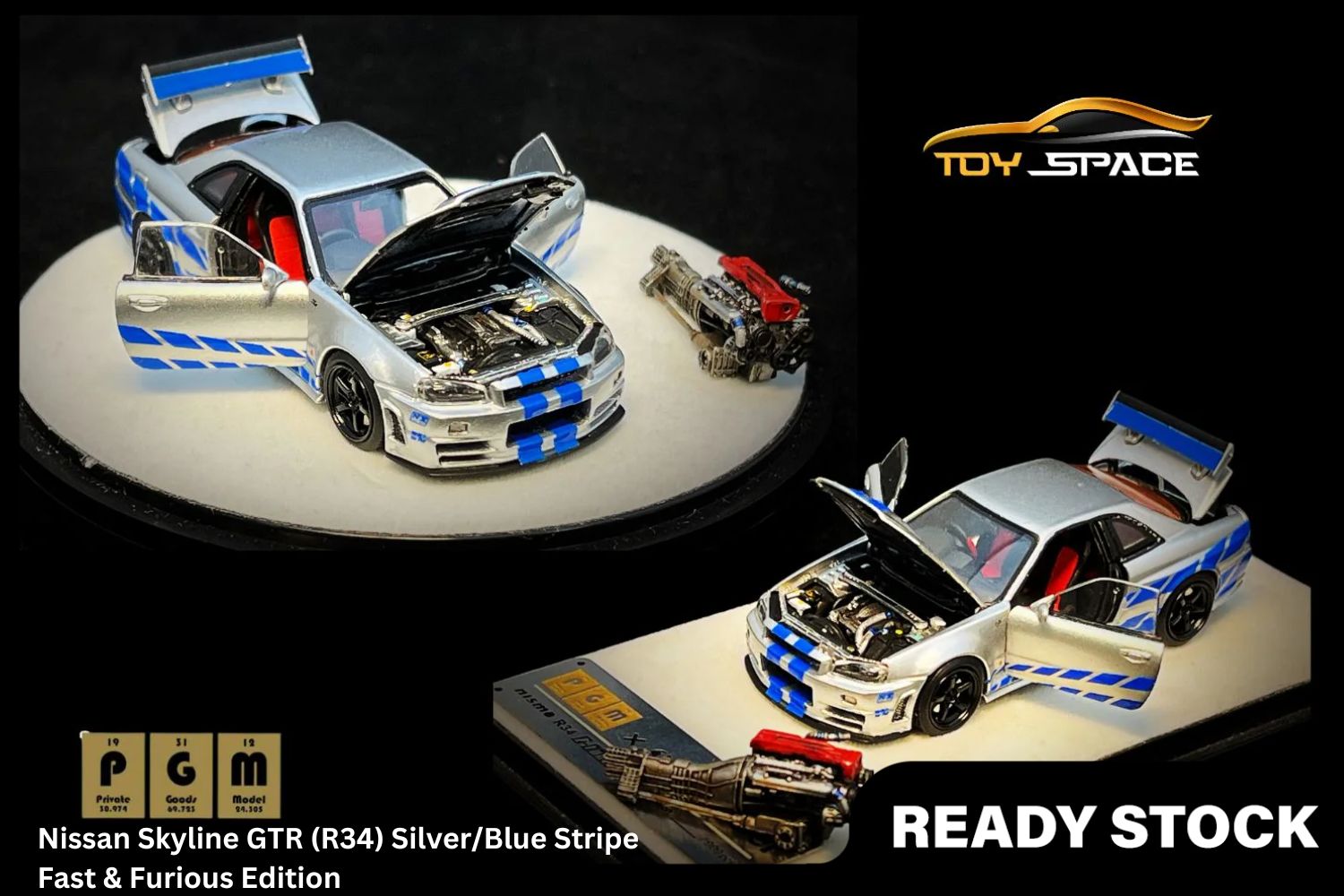 [PGM] 1/64 Nissan Skyline GTR (R34) Silver/Blue Stripe Fast & Furious Edition