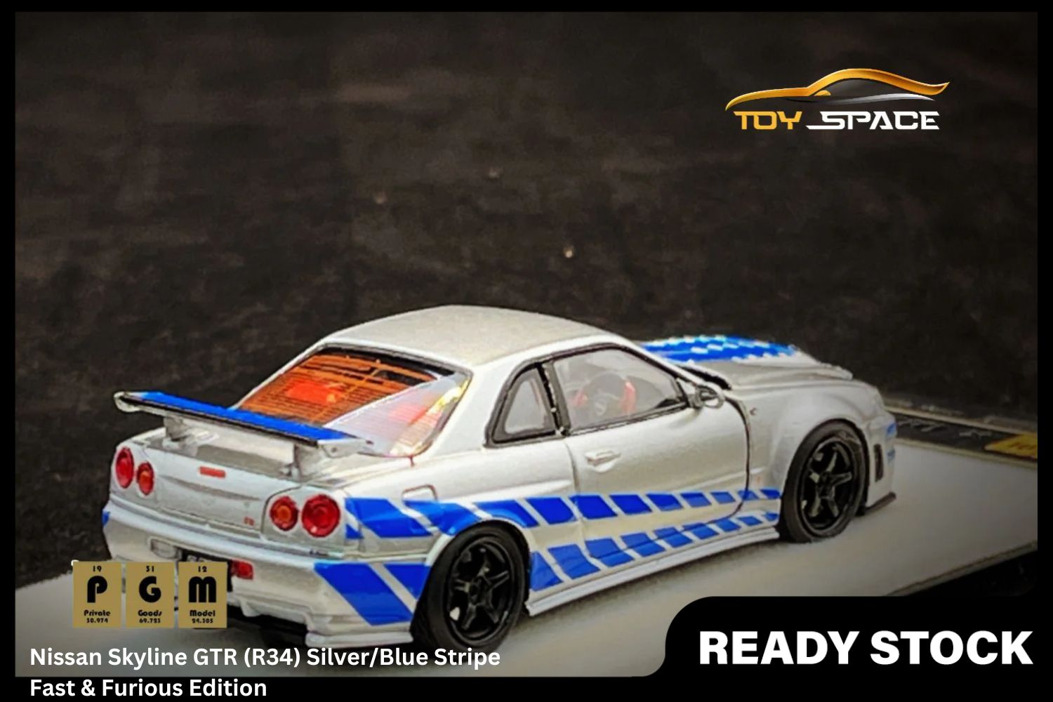 [PGM] 1/64 Nissan Skyline GTR (R34) Silver/Blue Stripe Fast & Furious Edition