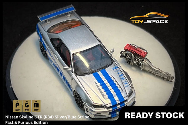 [PGM] 1/64 Nissan Skyline GTR (R34) Silver/Blue Stripe Fast & Furious Edition