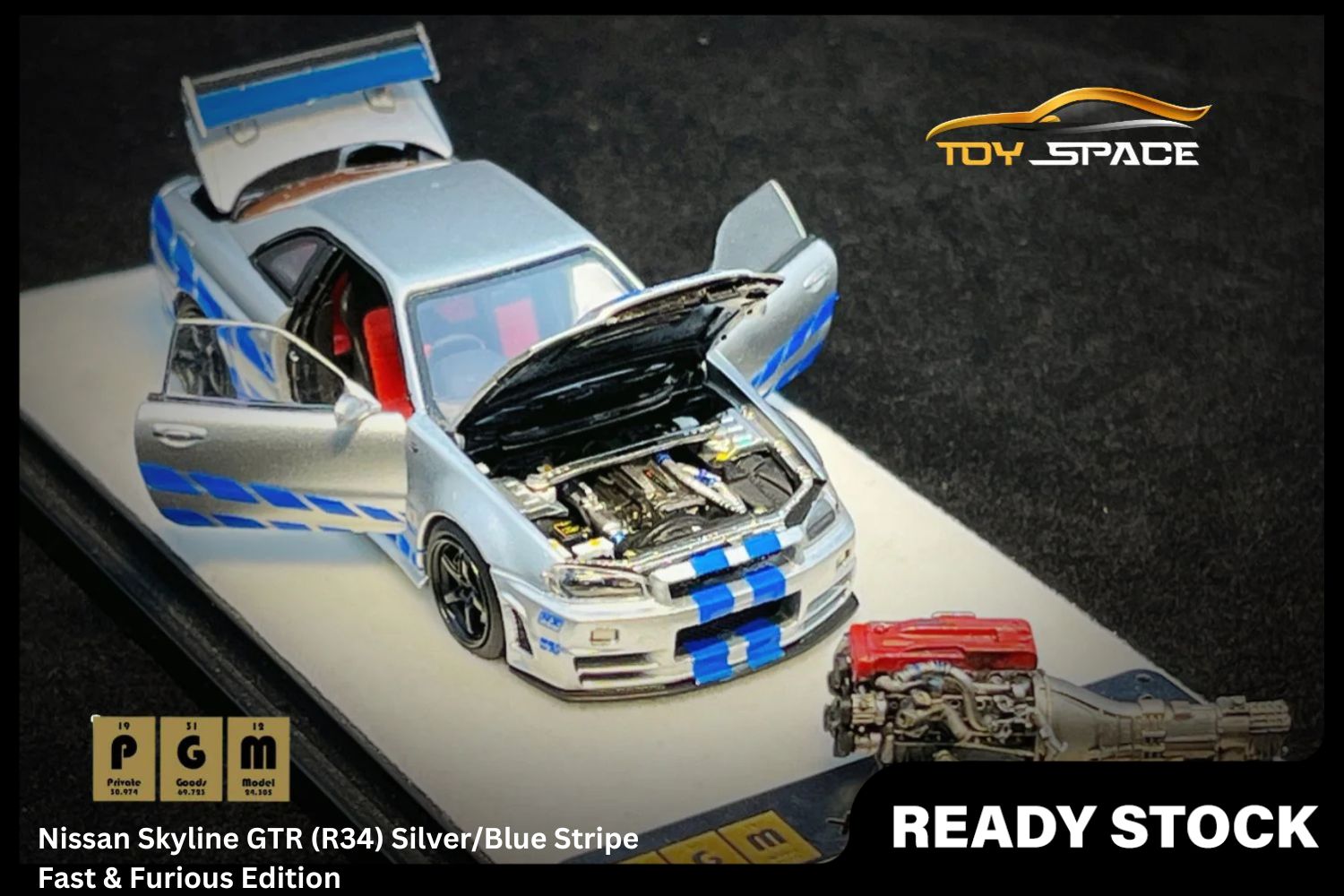 [PGM] 1/64 Nissan Skyline GTR (R34) Silver/Blue Stripe Fast & Furious Edition