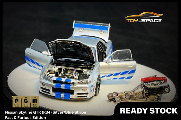 [PGM] 1/64 Nissan Skyline GTR (R34) Silver/Blue Stripe Fast & Furious Edition