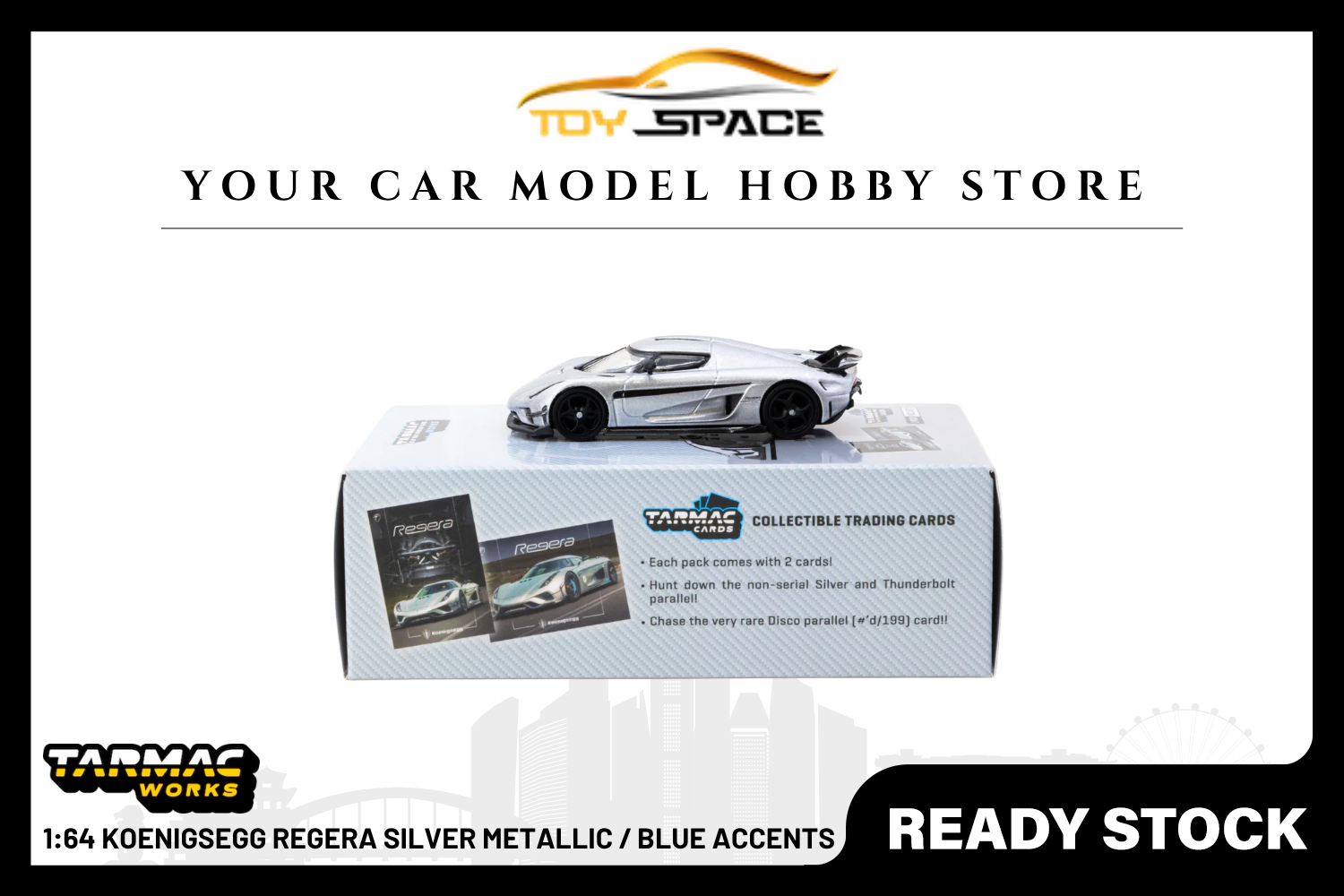 [TARMAC WORKS] 1:64 Koenigsegg Regera Silver Metallic / Blue Accents - Toy Space Diecast Online Store Singapore