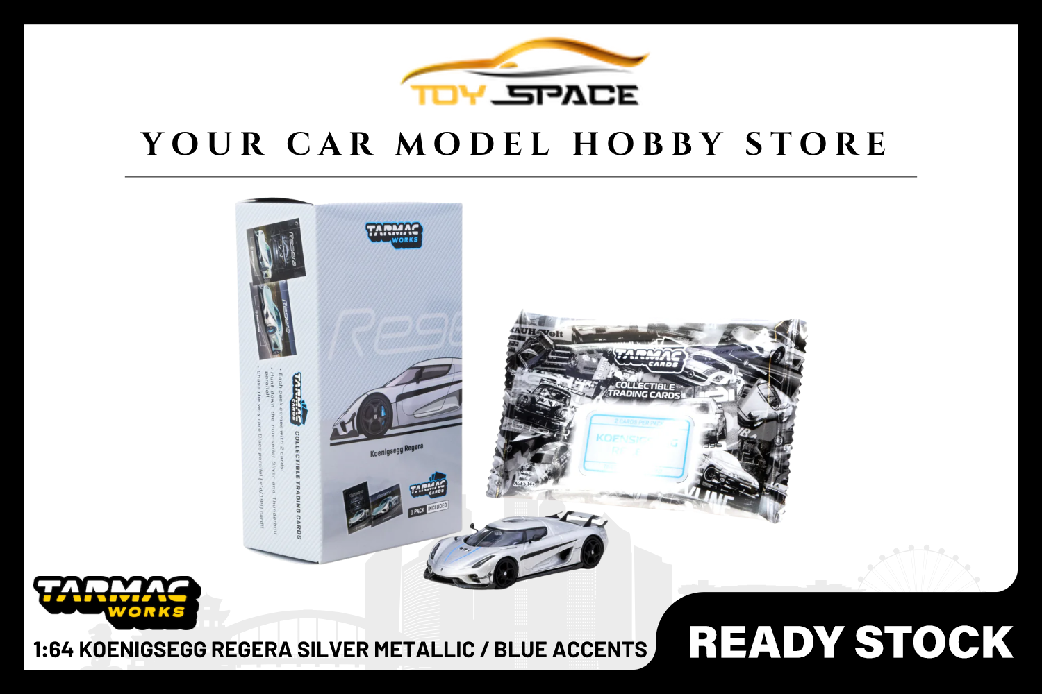 [TARMAC WORKS] 1:64 Koenigsegg Regera Silver Metallic / Blue Accents - Toy Space Diecast Online Store Singapore