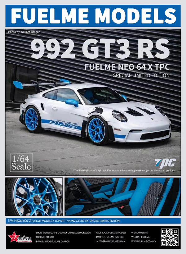 Fuelme x TPC 1/64 911 992 GT3 RS White With Blue Wheel