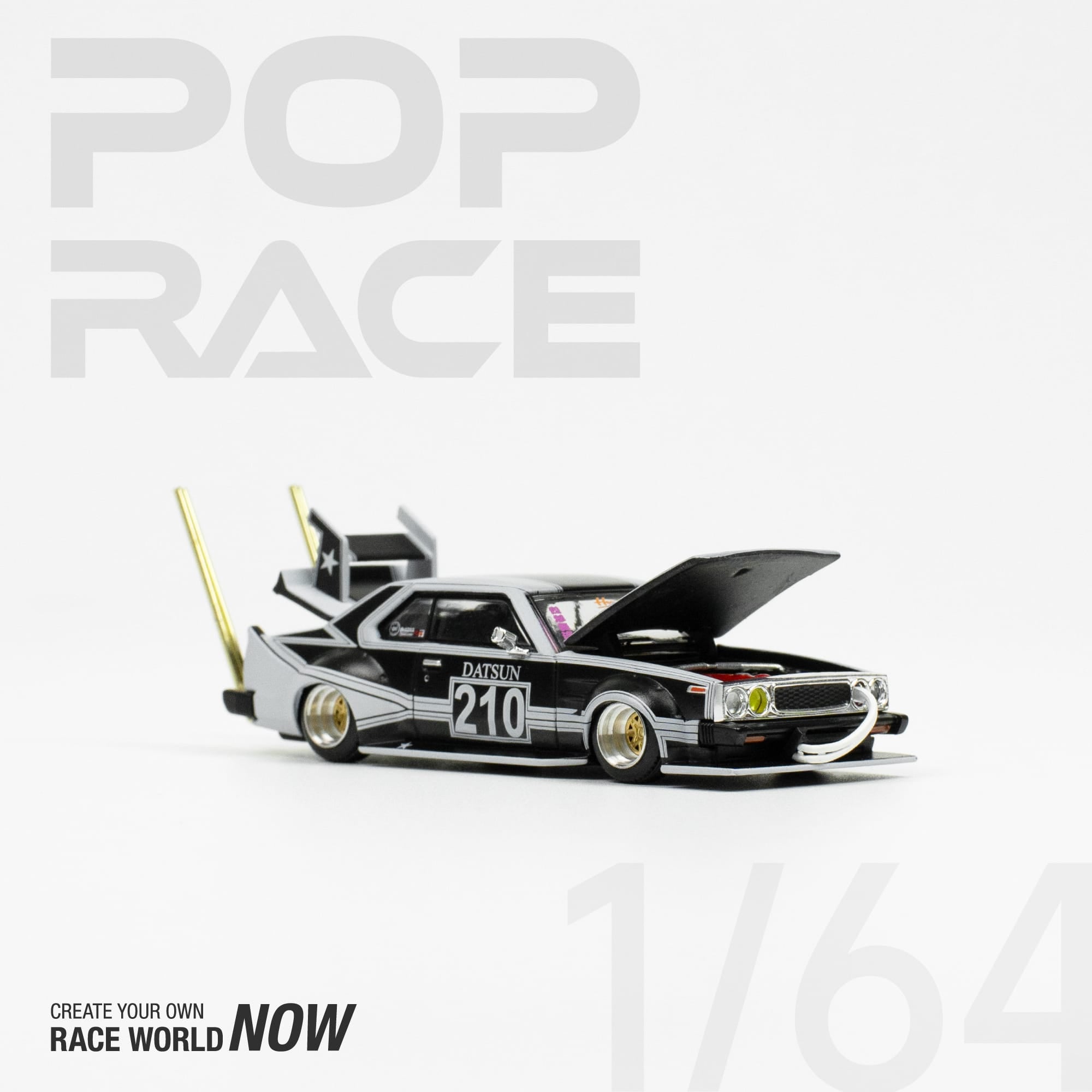 PopRace 1/64 Skyline C210 Kaido Racer - Bosozoku Style Matte Black (With Chase Car)