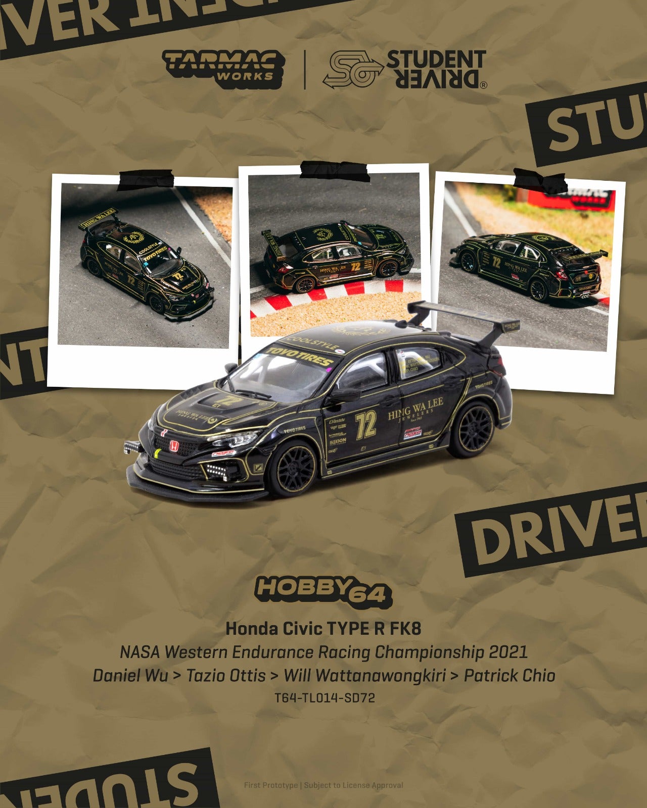 [TARMAC WORKS] 1:64 Honda Civic Type R FK8 Nasa Western Endurance Racing Championship 2021 Daniel Wu / Tazio Ottis / Will Wattanawongkiri / Patrick Chio