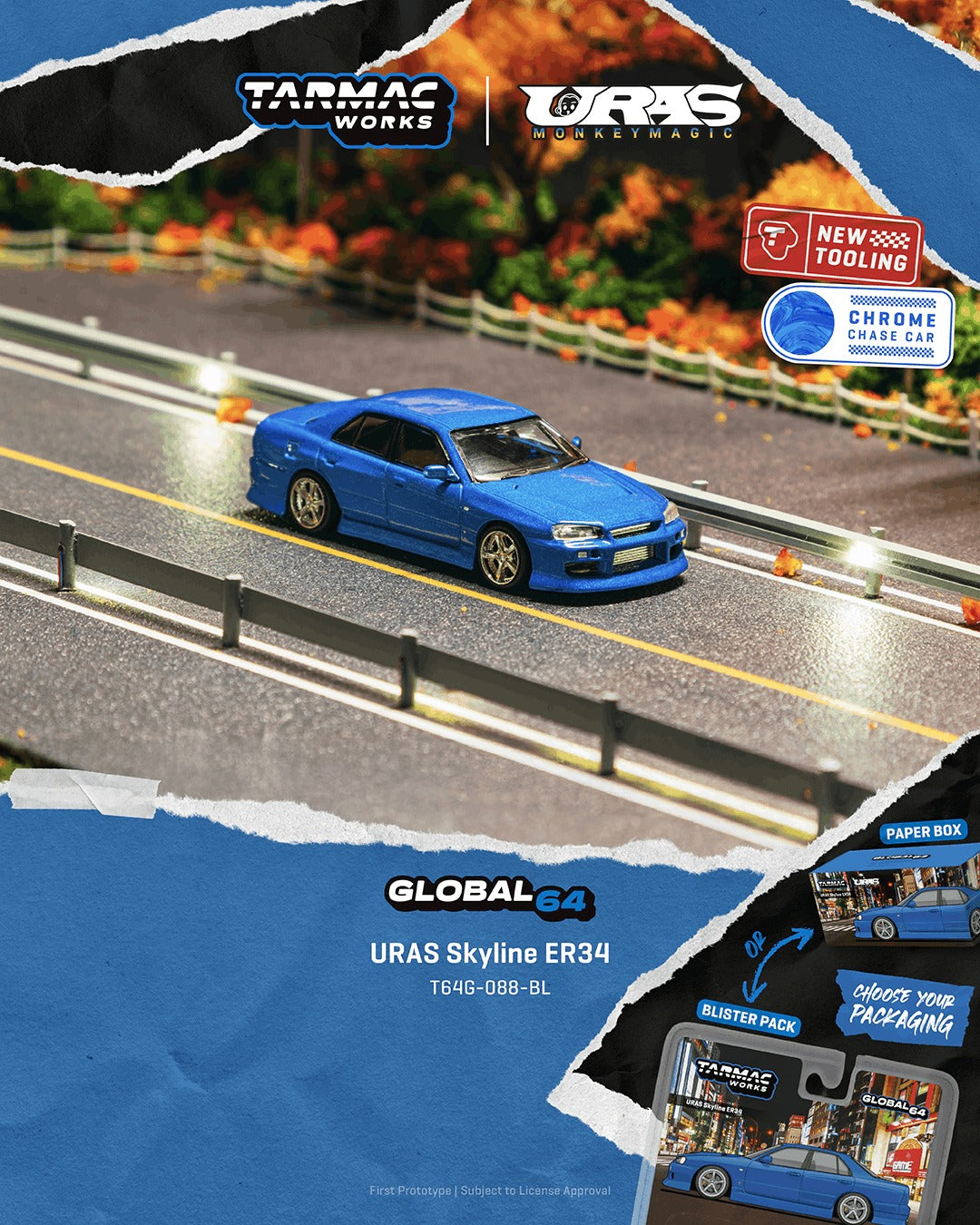 [TARMAC WORKS] 1:64 Uras Skyline ER34 Blue
