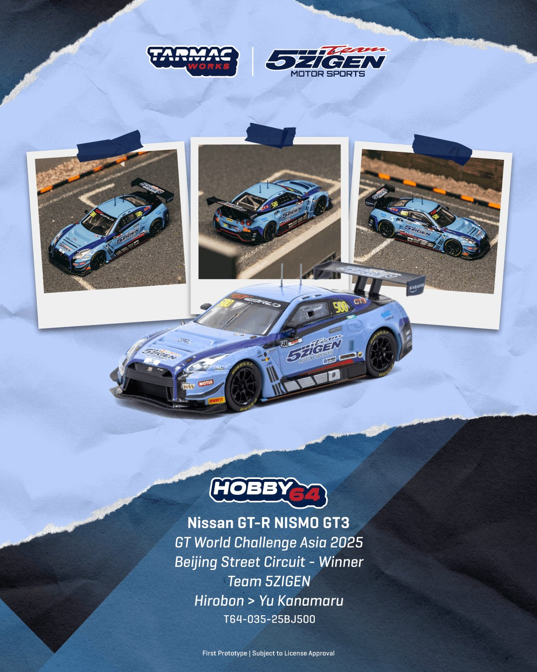 [TARMAC WORKS] 1:64 Nissan GT-R Nismo GT3 GT World Challenge Asia 2025 Beijing Street Circuit - Winner Team 5ZIGEN Hirobon / Yu Kanamaru