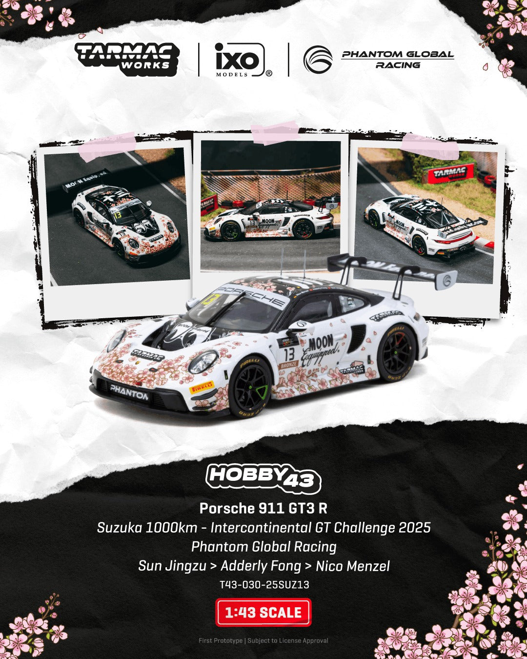 [TARMAC WORKS] 1:43 Porsche 911 GT3 R Suzuka 1000km - Intercontinental GT Challenge 2025 Phantom Global Racing Sun Jingzu / Adderly Fong / Nico Menzel - Toy Space Diecast Online Store Singapore