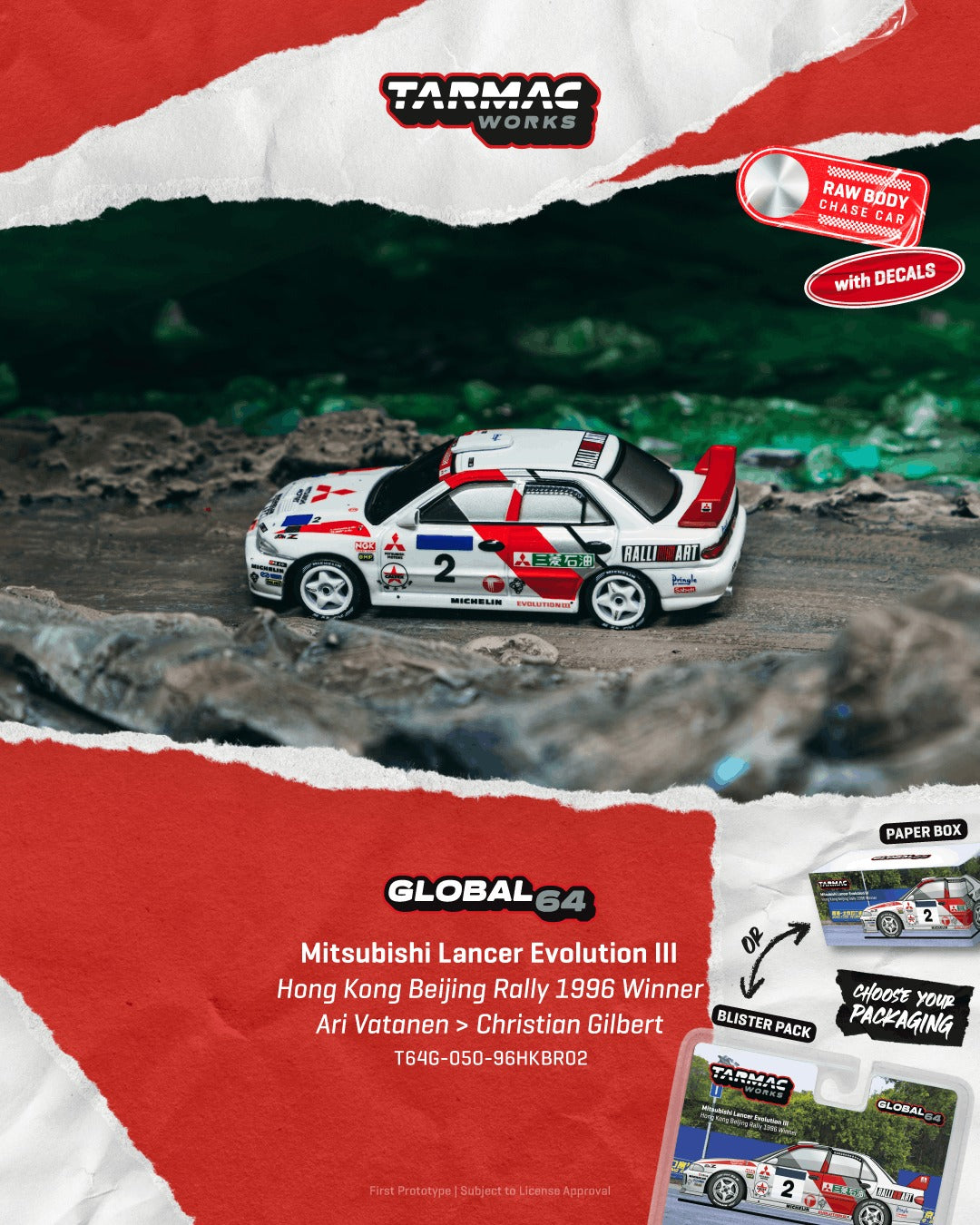 [TARMAC WORKS] 1:64 Mitsubishi Lancer Evolution III Hong Kong Beijing Rally 1996 Winner Ari Vatanen / Christian Gilbert