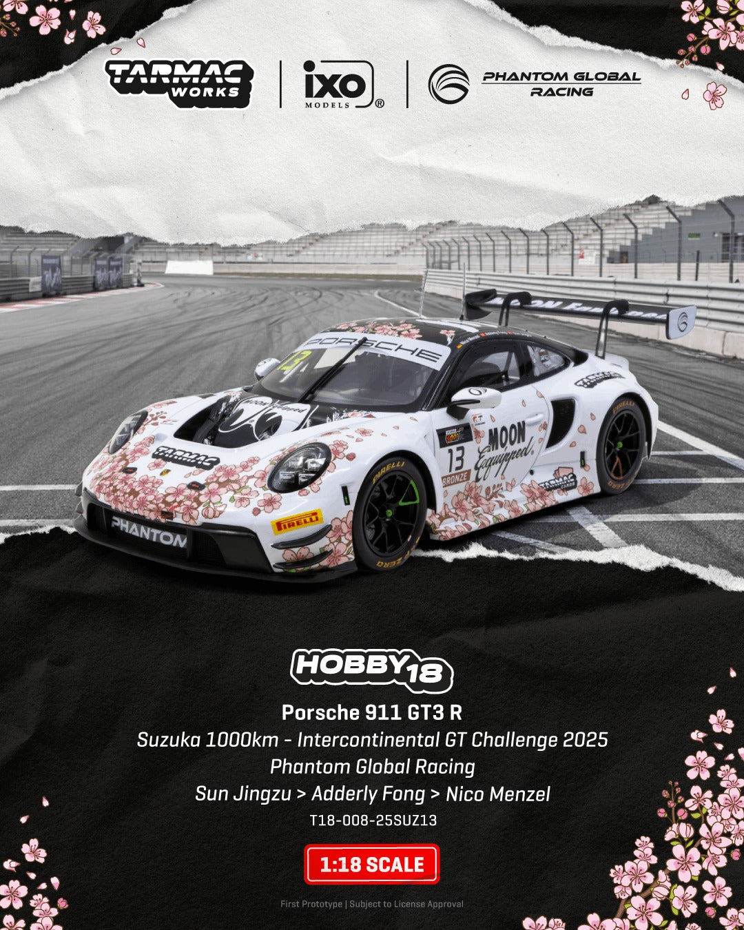 [TARMAC WORKS] 1:18 Porsche 911 GT3 R Suzuka 1000km - Intercontinental GT Challenge 2025 Phantom Global Racing Sun Jingzu / Adderly Fong / Nico Menzel