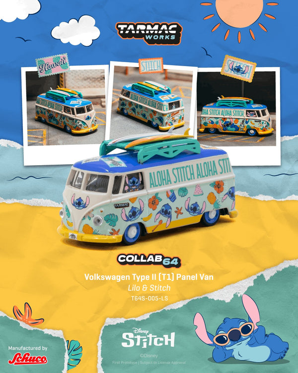 [TARMAC WORKS x DISNEY] 1:64 Volkswagen Type II (T1) Panel Van Lilo & Stitch Blister Packaging
