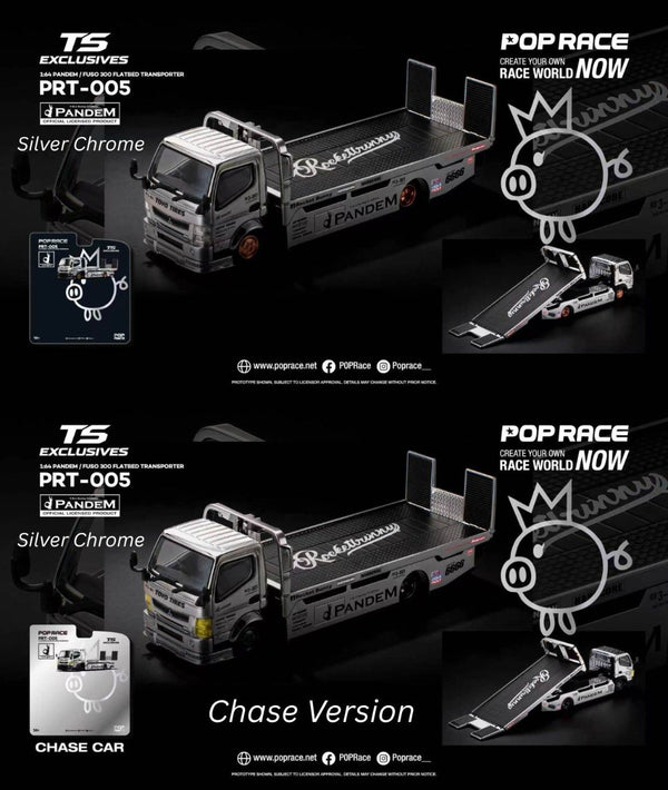 [POP RACE] 1:64 Pandem Fuso 300 Flatbed Transporter Silver Chrome - Tokyo Station Blister Packaging