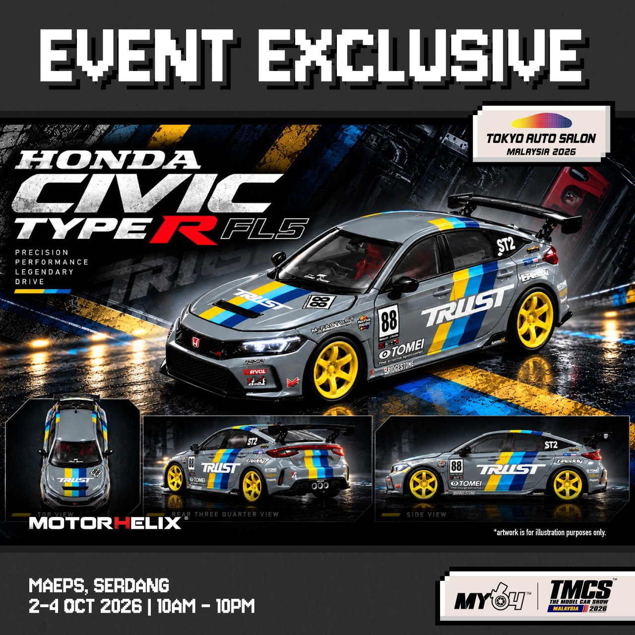 [MOTORHELIX] 1:64 Honda Civic Type R FL5 x Trust Gray #88 [Tokyo Auto Salon Malaysia 2026]