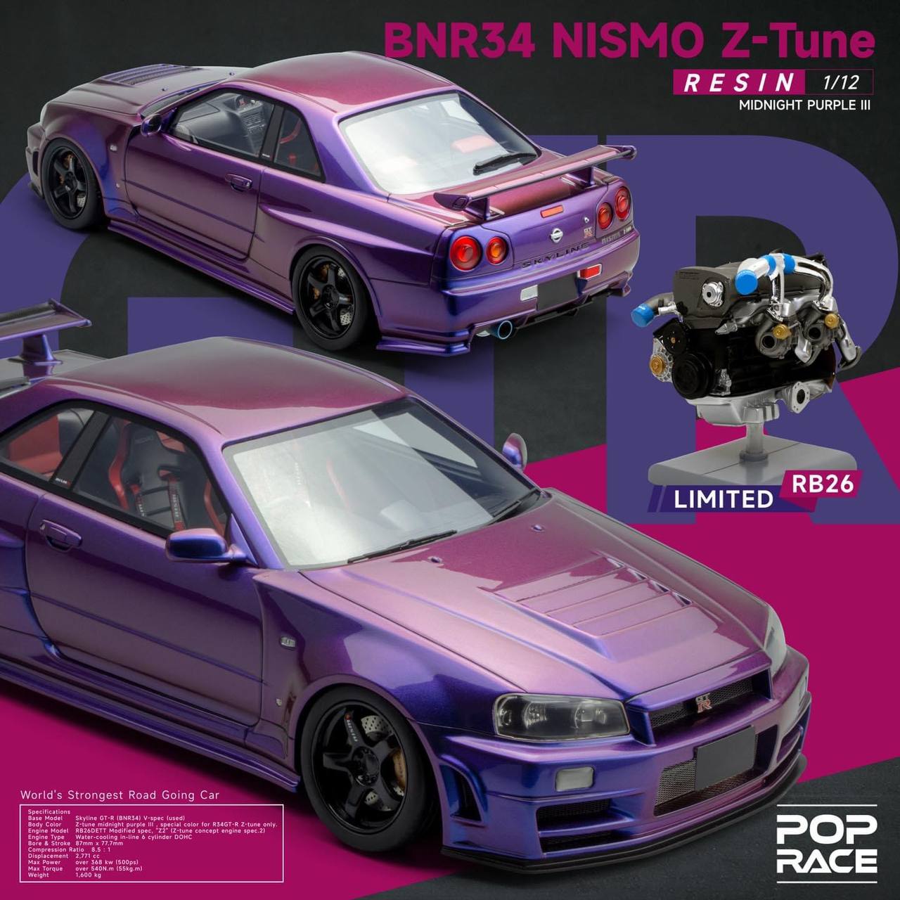 Poprace 1/12 Nismo Z-Tune GTR BNR34 Midnight Purple with Engine Display
